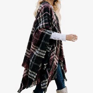 Bestshe Women's Boho Open Front Poncho Knitted Plaid Shawl Wrap Cape Tassel